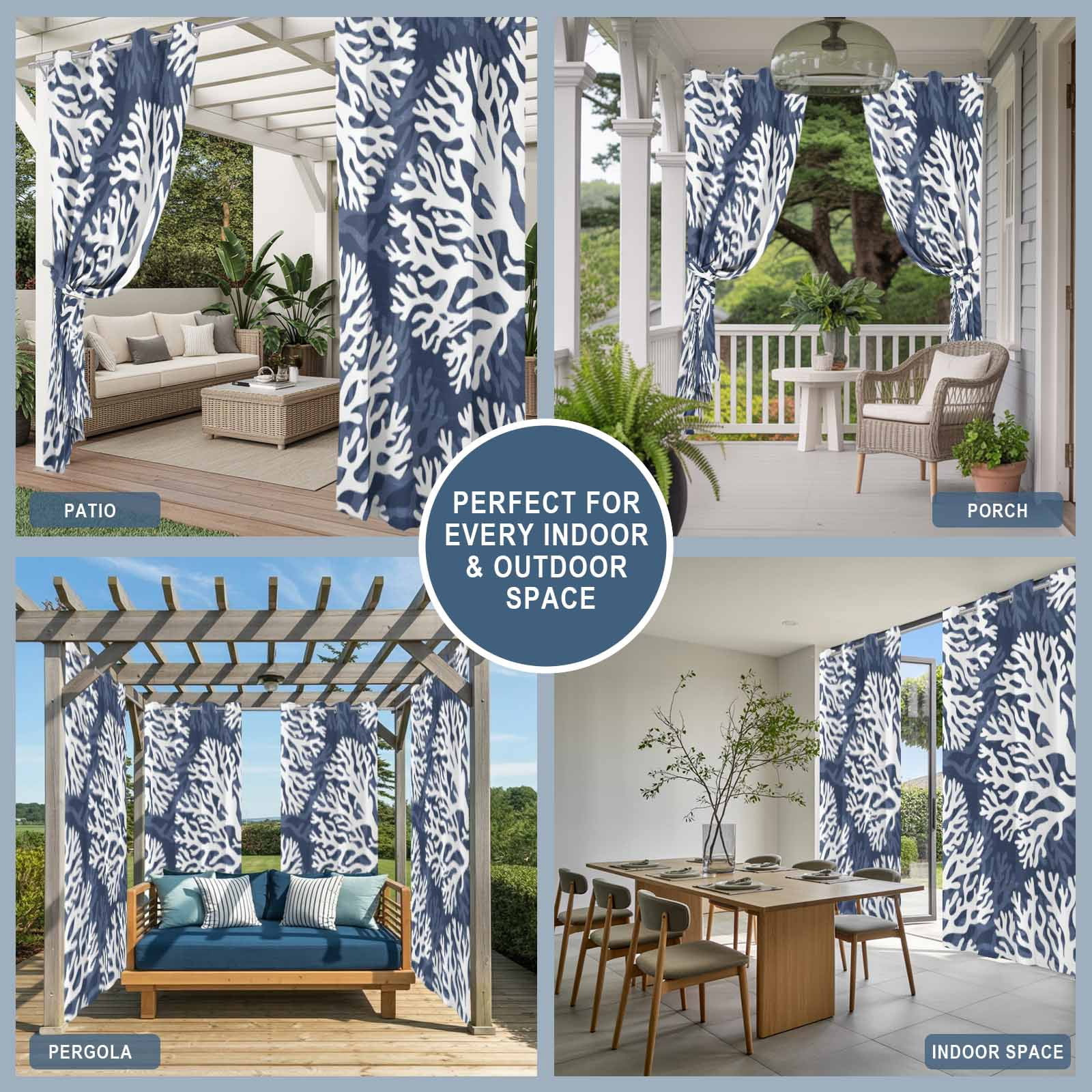 Navy Blue Coral Outdoor Curtains for Patio, Coastal Ocean Beach Summer Nautical Modern Sunshade Privacy Drapes Grommet Waterproof Outside Curtains for Porch/Cabana/Balcony 54"x 108", 1 Panel