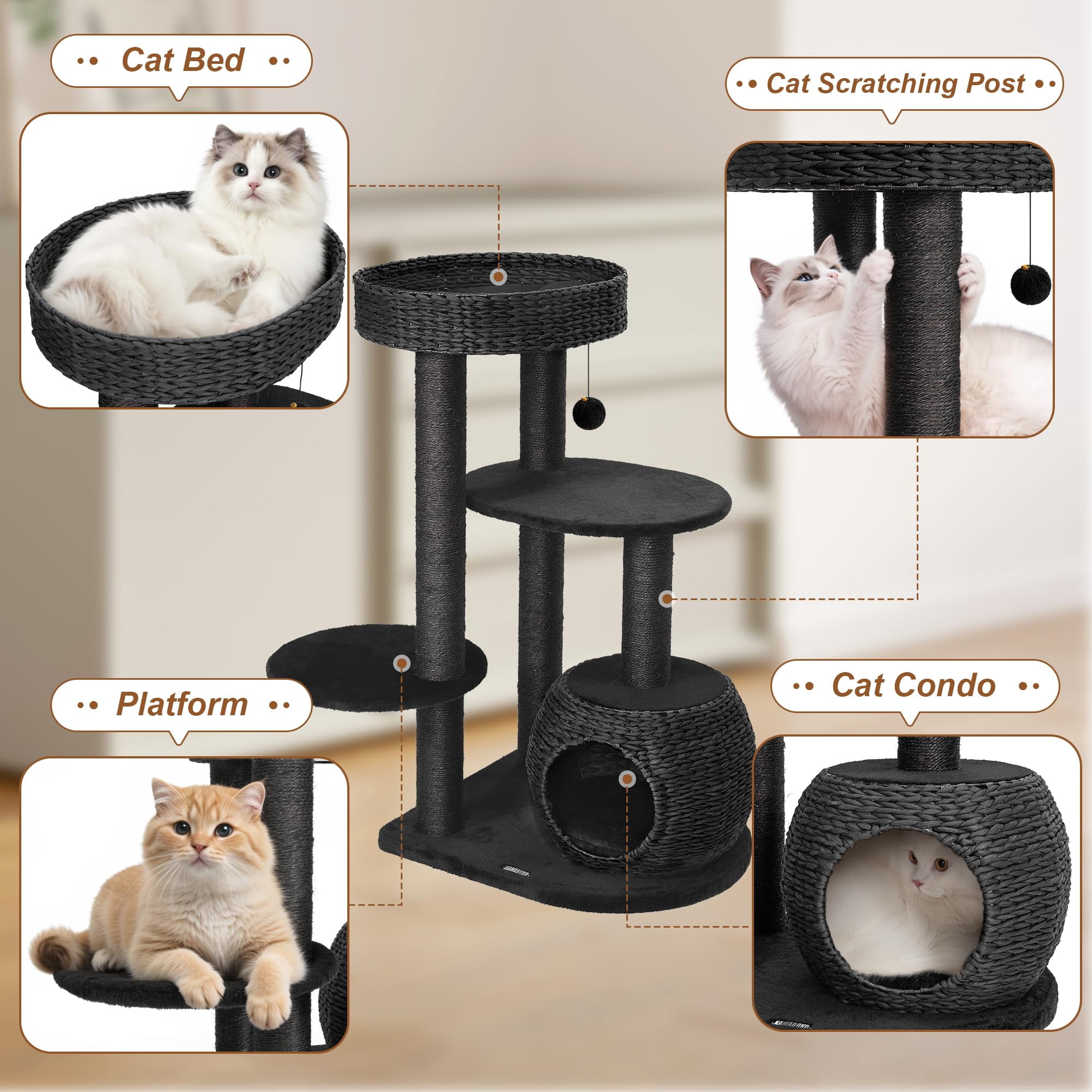 Modern Cat Tree for Indoor Cats, 39 Inch Tall Cat Tower with Scratching Posts, Hand-Woven Condo, Soft Perch & Plush Platforms, Natural Sisal Climbing Structure for Kittens to Play Rest Black