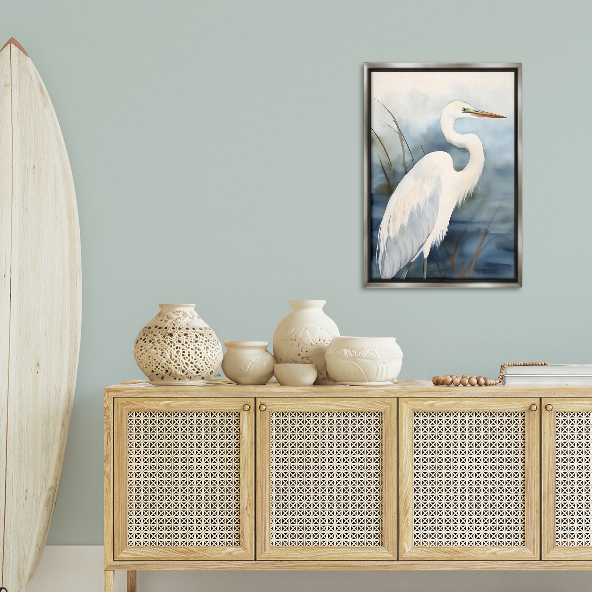 Stupell Industries Soft Egret Impression Animals & Insects Painting Gray Floater Framed Canvas Art Print Wall Art, 21 x 31