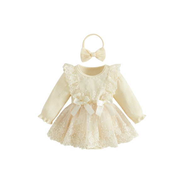 Cjfdfy Newborn Baby Girls Lace Dress Fall Clothes Bodysuit Ruffle Long Sleeve Floral Lace Romper Dress And Bow Headband Infant Cute Coming Home Outfit Fall Winter Outfit 0-18 Months