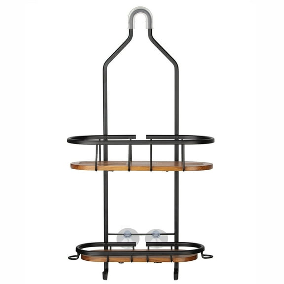 Utopia Alley  Tia Rustproof Teak Overhead Shower Caddy with 2 Shelves, Hanging Shower Head Organizer, Chrome & Matte Black Finish Black with Teak