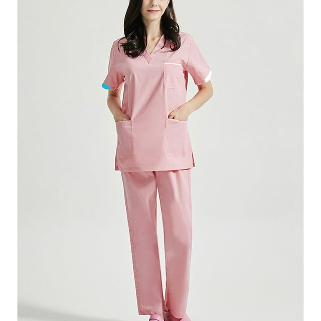 LSLJS Women's Short Sleeved Solid Color Pocket Protective Suit Set, Womens Plus Scrubs