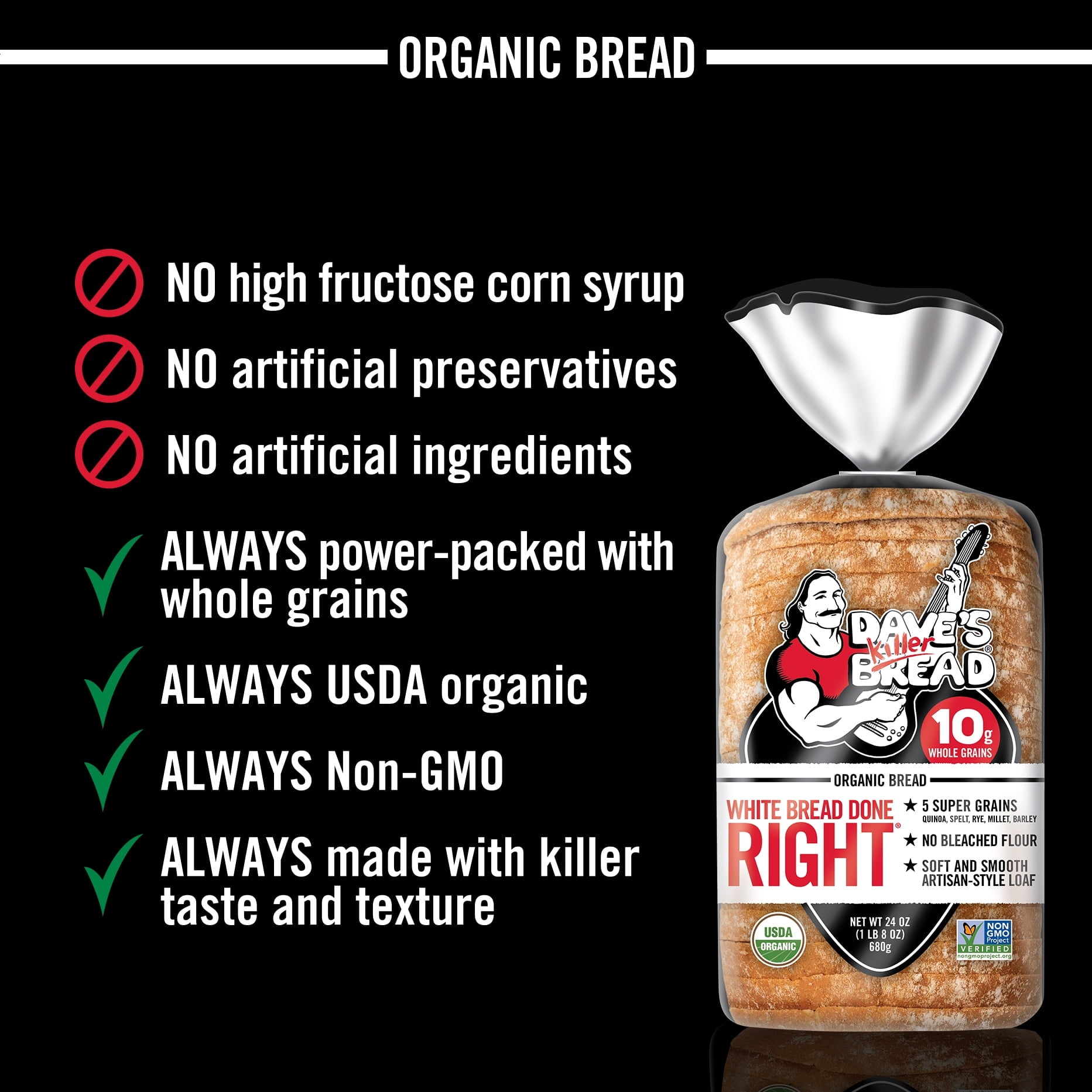 Dave's Killer Bread White Bread Done Right Organic Bread Loaf, 24 oz, Shelf-Stable (24 ounce)