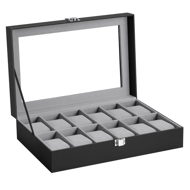 SONGMICS Caja de reloj 12 slots vidrio almohadillas extraíbles negro