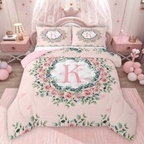 jejeloiu pink Monogrammed K Bedding Comforter Set,Cartoon Floral Twin Comforter Sets,Retro Rustic Plant Bedding Set For Girl Teens,Ultra Soft Bedroom Decor Reversible,2-Piece