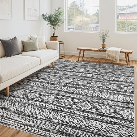 Alfombra Boho Marroquí Tortania 127x203 cm Suave y Lavable Negra y Blanca