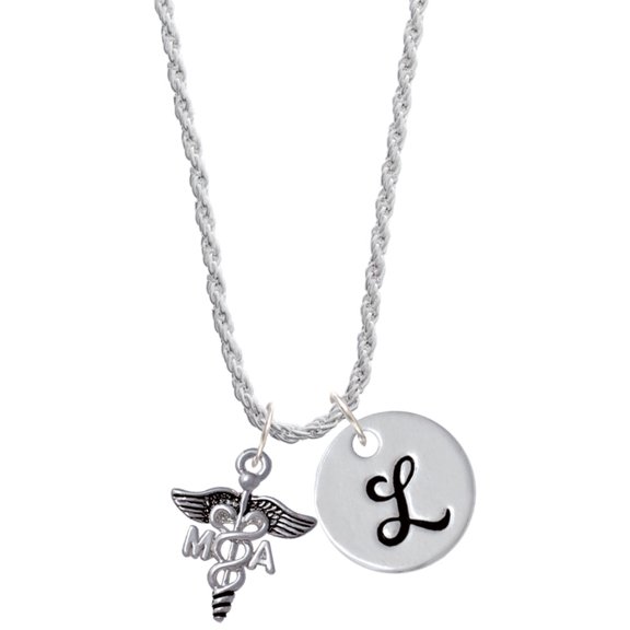 Delight Jewelry Silvertone Caduceus - MA Silvertone Script Initial Disc - L - Charm Necklace, 20"+3"