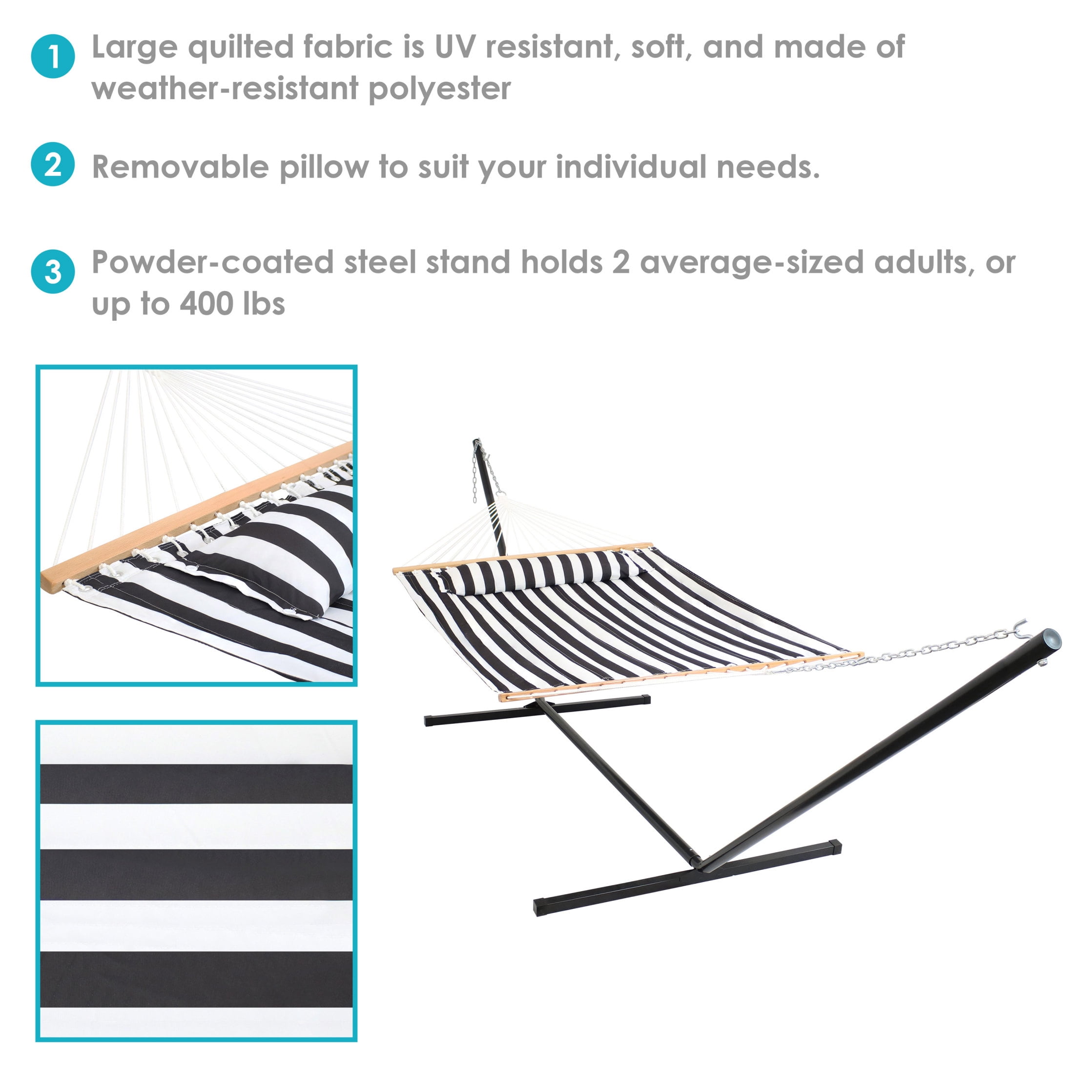 Sunnydaze 2-Person Polyester Spreader Bar Hammock with Stand, 400 lb Capacity - Black /White