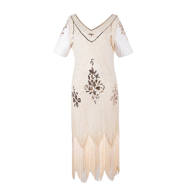 EGNMCR Robes de Soirée pour Femmes, Robes Formelles pour Femmes, Robes de Cocktail pour Femmes Robe à Col en V à Manches Courtes à Paillettes avec Franges de Bal Robe de Fête Banquet Robe de Danse Robe Courte Robe pour Femmes