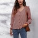 thumbnail image 2 of Camisa de manga larga con botones y volantes en los hombros, cuello en V, fibra de poliéster, camisa de mujer para viaje, pata de gallo roja S, 2 of 7