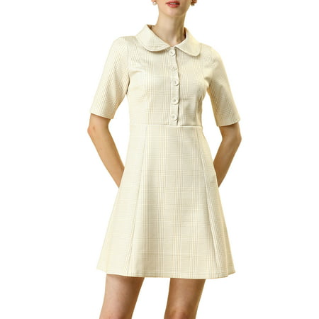 Allegra K Women's Elegant Peter Pan Collar Check High Waist Button Cocktail A-Line Dress (Size XL / 18) Milky-White