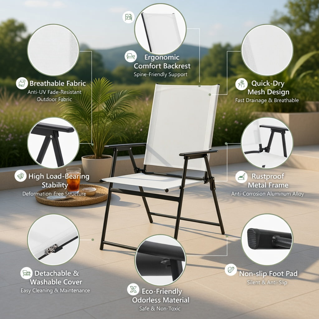 Hommoo 2-Pack Foldable Patio Chairs with Armrests, Heavy-Duty Metal Outdoor Chairs for Deck, Garden, Yard & Camping, White