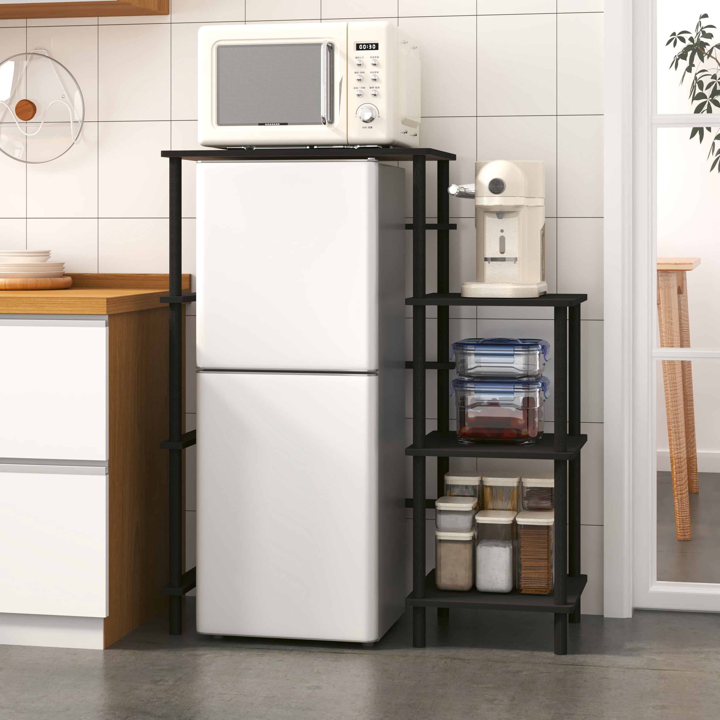 HOMLUX 4-Tier Coffee Bar Bakers Rack with Mini Fridge Stand, Wood Kitchen Storage Shelf Microwave Stand, Easy Assembly, Americano