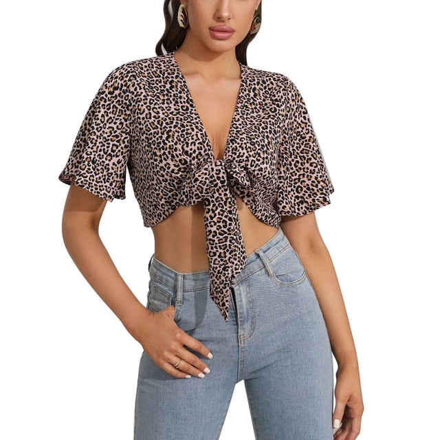 Blusa holgada con cuello en V y estampado de leopardo para mujer, estilo casual y elegante, color marrón, talla XL