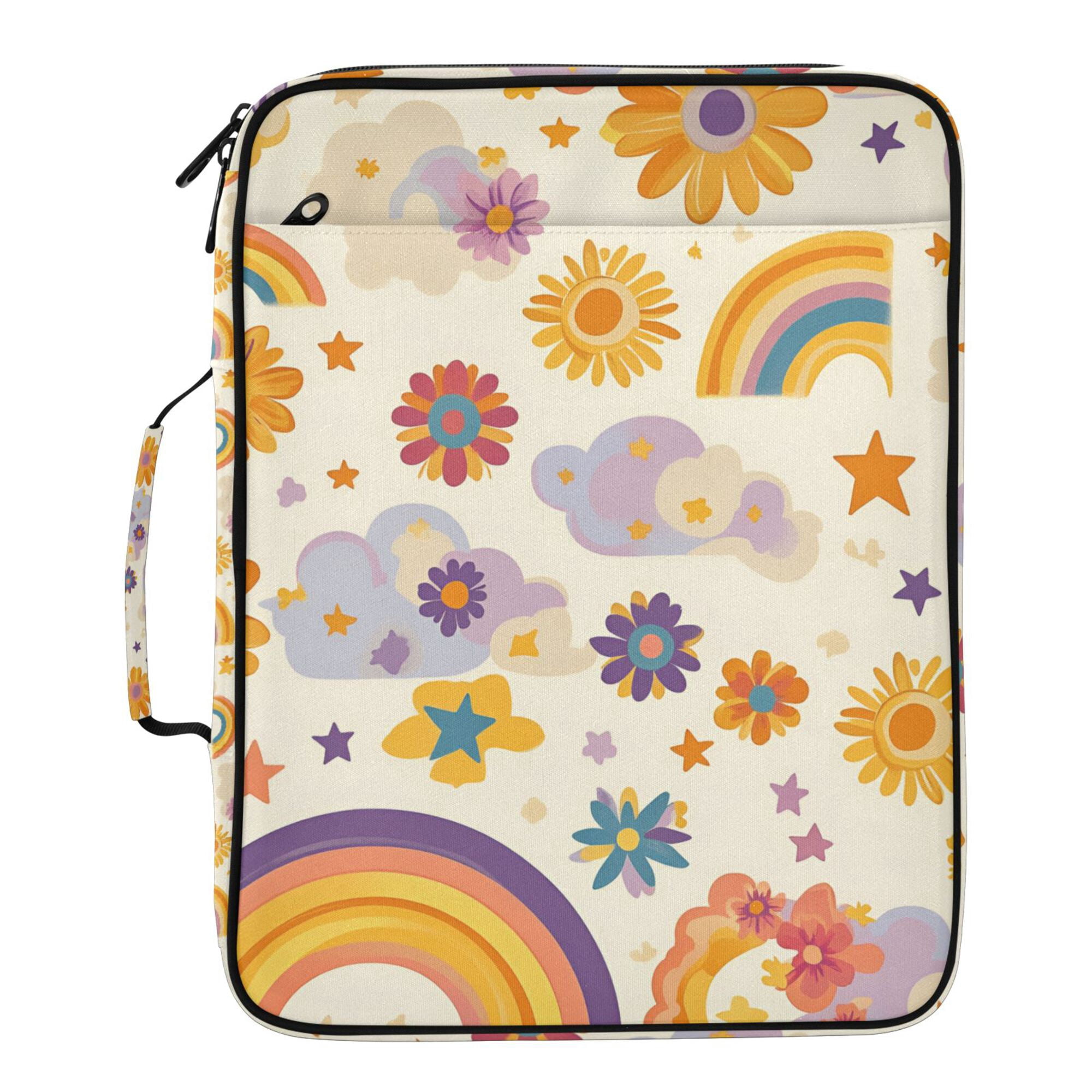 FORMRS Accordion File Folder A4 Size 7-Pocket Expanding Document Organizer Bag with 3 Ring Binder, Beige Retro Rainbow