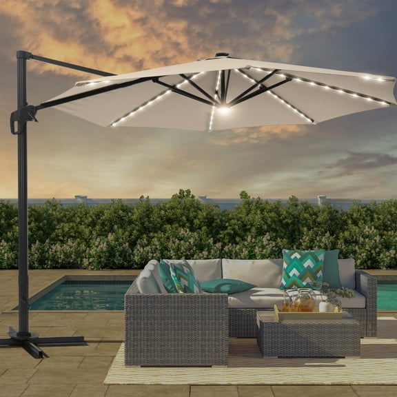 FLAME&SHADE 11 Ft LED Patio Cantilever Umbrella Outdoor Aluminum Offset Hanging Rotation w/Solar Lights,Beige