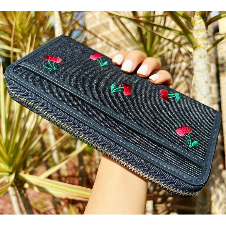 セールkate spade Ellaチェリー刺繍デニムジップ長財布 Kate Spade Ella Cherry Embroidered Denim Large Continental