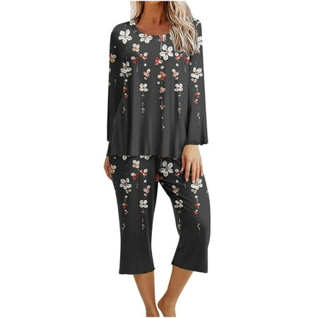 

XFLWAM Women s Sleepwear Capri Pajama Sets Long Sleeve Two-Piece Pjs Crew Neck Lounge Sets Tops & Capri Pants with Pockets