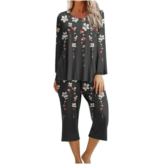 IROINNID Pajamas for Women 2PC Set Loose Fit Crewneck Pullover with Capri Comfortable Homewear Print Sleepwear Set,Black