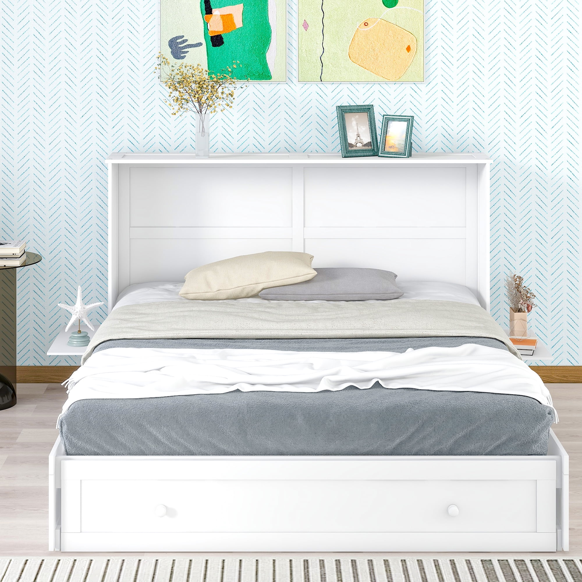 Euroco Queen Size Murphy Bed with Shelf and Drawers, Convertible into a Cabinet with USB Charging Station for Adult Living Room, Easy Open and Close
