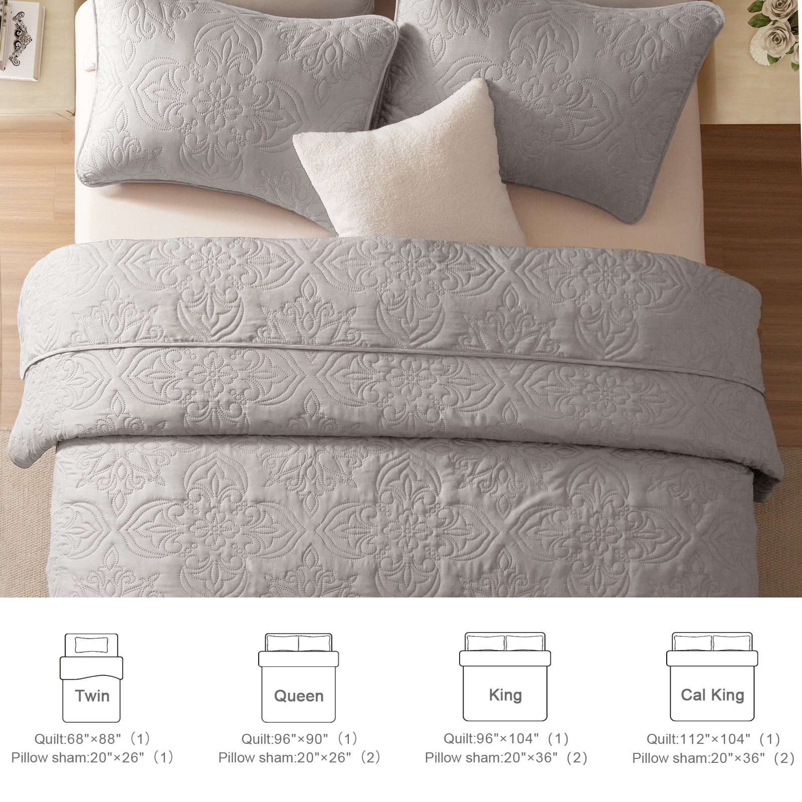 Whale Flotilla Soft Twin Quilt Bedding Set for All Seasons, Elegant Vintage Damask Ultrasonic Quilts Set, Lightweight Reversible Bedspread, Coverlet, Bed Cover with 1 Pillow Sham, Light Grey