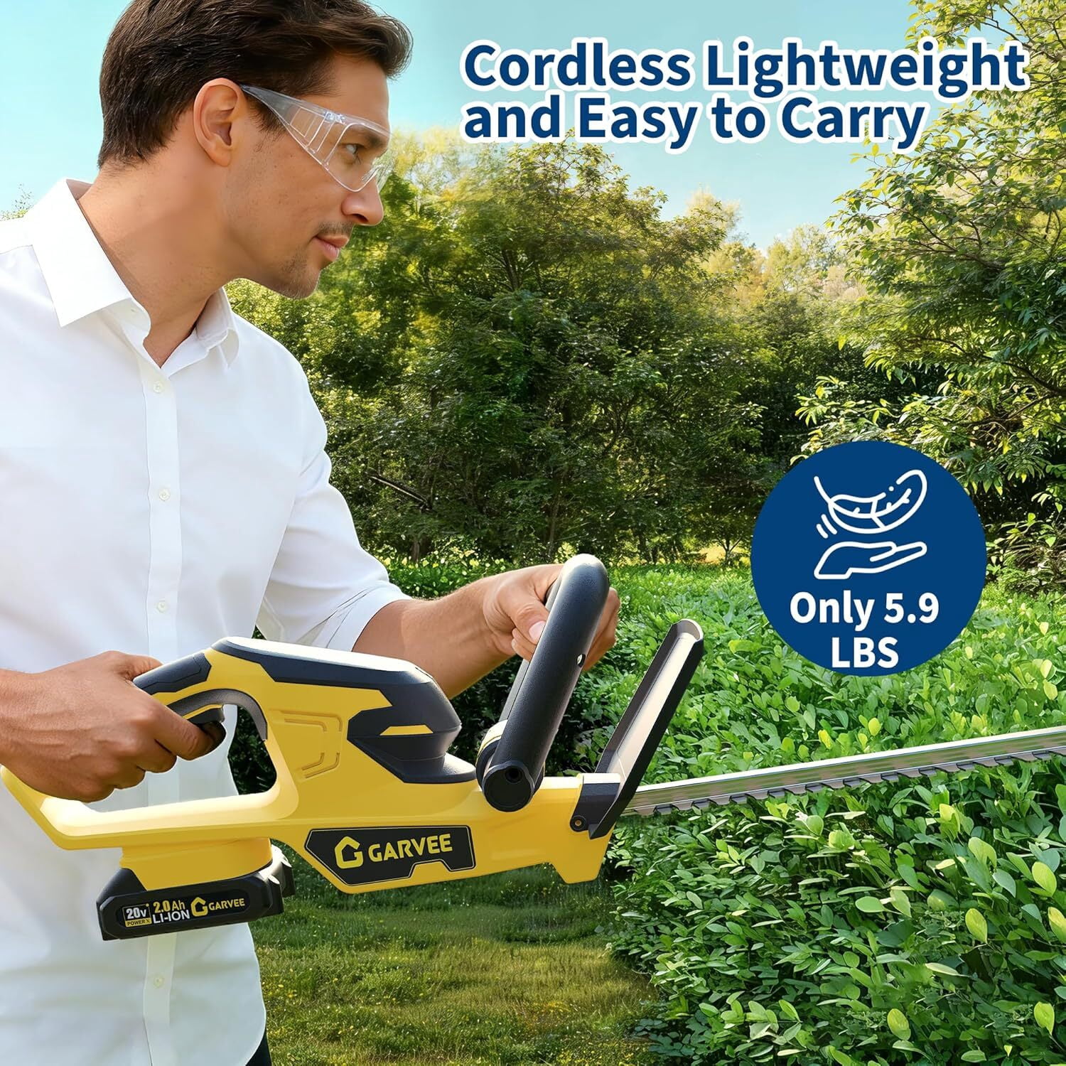 Garvee Cordless Hedge Trimmer, 20V Electric Handheld Hedge Cutter with 2x2.0Ah Battery and Charger for Gardening, Lawns, Yellow/Black