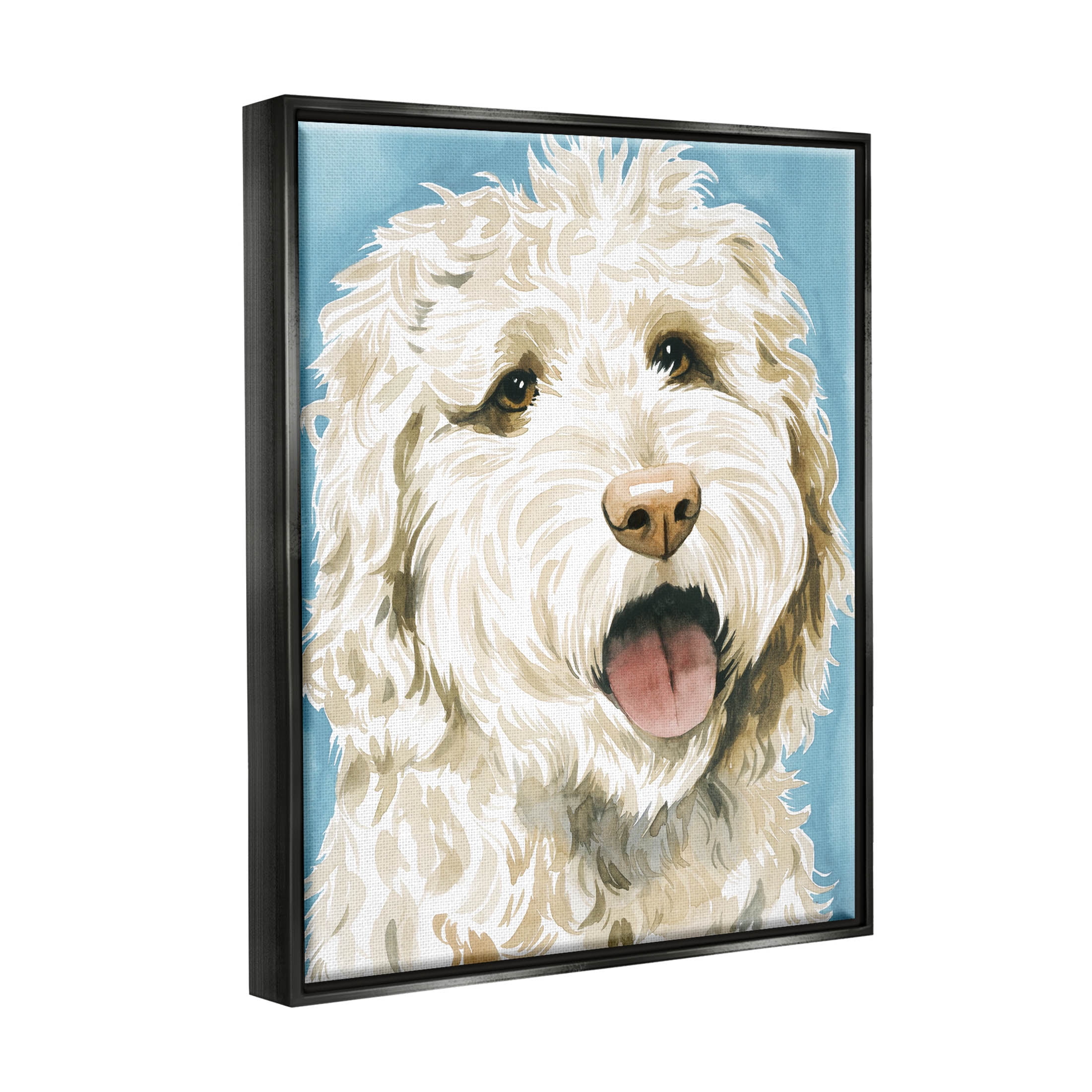 Stupell Industries Happy Shaggy Dog Portrait Painting Jet Black Floating Framed Canvas Print Wall Art, Design by Grace Popp