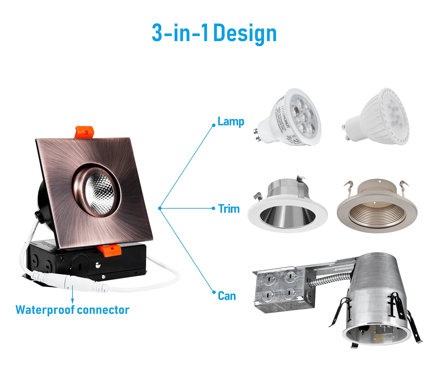 6 Pack 3 Inch 7W Gimbal LED Recessed Light with J-Box, Square Downlight Dimmable, 4000K Cool White, Oil Rubbed Bronze
