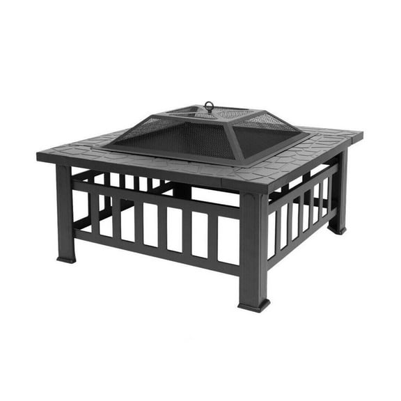 Wqmh Fire Pit 32 inch Square Metal Firepit for Patio Wood Burning Fireplace Garden Stove with Charcoal Rack, Poker & Mesh Cover for Camping Picnic Bonfire Backyard