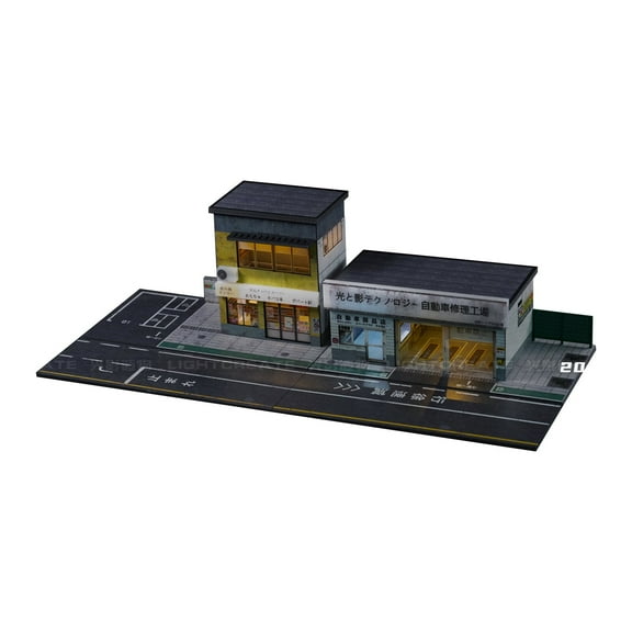 1/64 Scale Diorama Car Garage Model With LED Lighting ,Parking Lot Scene Model, Diecast Car Display Case Model,City Street Coffee Shop Maintenance Workshop Building Scene Display Model