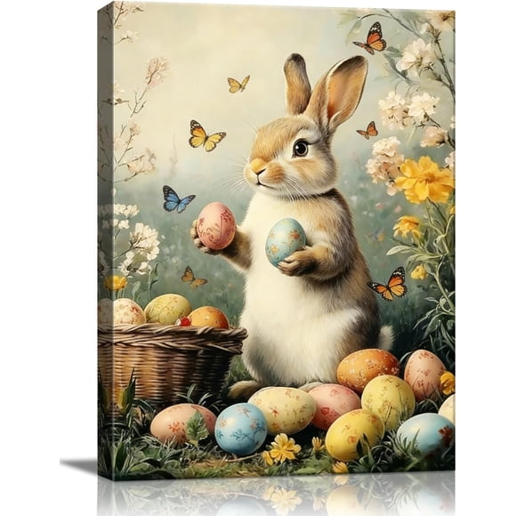 Easter Bunny Canvas Wall Art, Cute Rabbit and Easter Eggs Painting Prints, Vintage Farmhouse Spring Animal Picture, Modern Framed Easter Wall Decor for Bedroom, Living Room, Bathroom, Office 8×10In