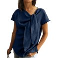 thumbnail image 2 of Women's Bow Tie V Neck Short Sleeve Blouse Casual Linen Tunic Tops Summer Outfit Loose Fit Flowy Work Office Streetwear Vacation Navy XL, 2 of 4