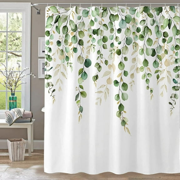 Green Eucalyptus Leaves Shower Curtain, Watercolor Plant On The Top Shower Curtain, Sage Green Spring Botanical Bathroom Curtain 72 ×72 Inch