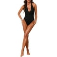 thumbnail image 2 of INSPIRE CHIC Women's Metal Buckle Cut Out Halter Ribbed Monokini Swimsuit, 1 Piece Deep V Push Up Tummy Control Bathing Suit Black X-Large, 2 of 5