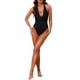 thumbnail image 2 of INSPIRAR CHIC Traje de baño de una pieza con hebilla de metal para mujer, corte halter, acanalado, profundo V, push up, control de abdomen, color negro, tamaño mediano, 2 of 5