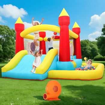 Toiyjofe Inflatable Bounce House with 400W Blower, Slide & Ball Pit for Kids Ages 3–6, Toddler Bounce Castle for Indoor Outdoor Fun