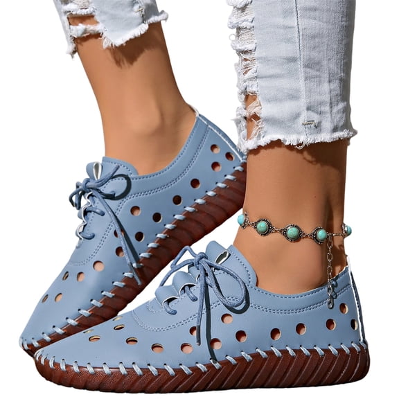 Domuza Women's Leather Loafers & Cutout Oxford Shoes, Slip Lace Up Flat Sneakers, Soft Non-slip Sole, Hand Stitching Design, Casual Comfort Walking Shoes for Women Sky Blue 9（EU-42）