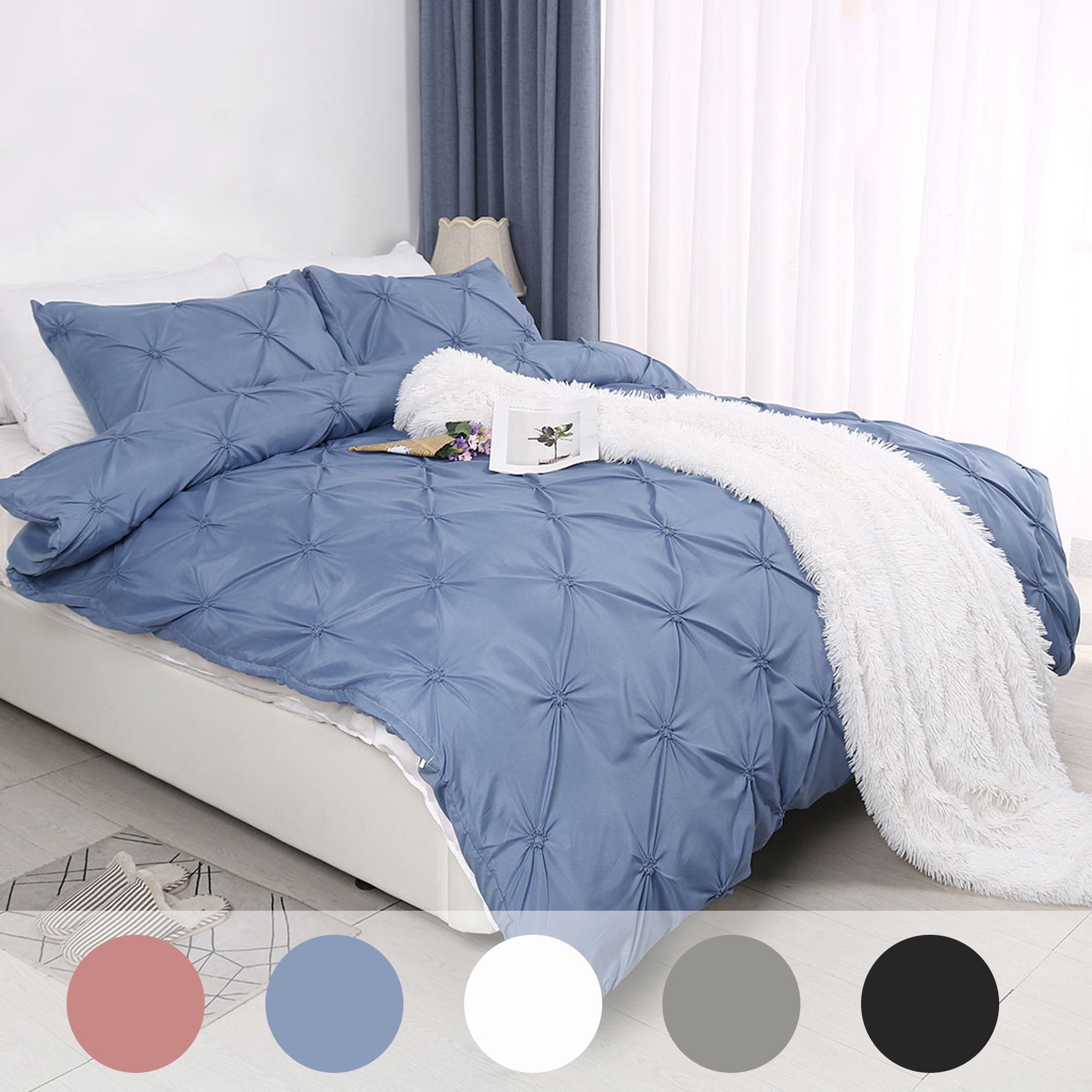 Duvet Cover Set 3 Piece Stereoscopic Pinch Pintuck King Bedding Blue