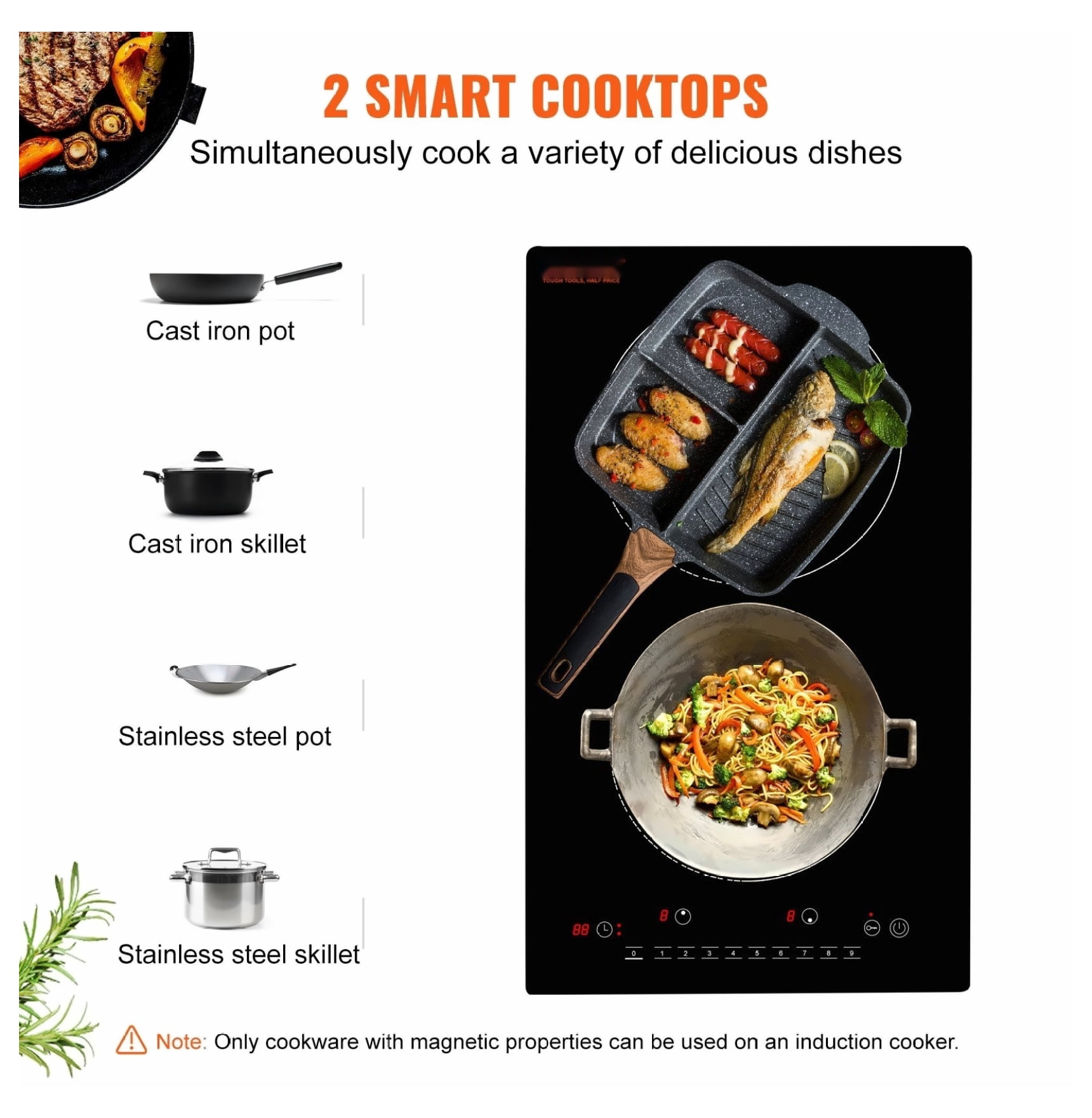 Electric Cooktop 2 Burners, 12'' Induction Stove Top 1800W, Built-in Magnetic Cooktop, 9 Heat Levels, LED Touch Screen, Child Lock & Overheat Protection