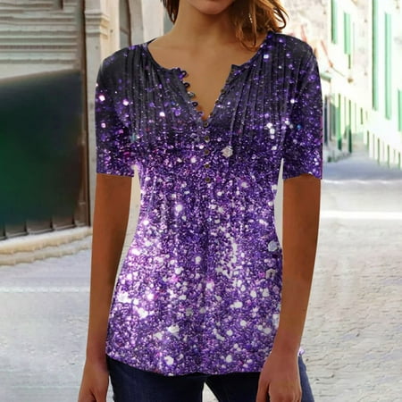 Patlollav Womens Short Sleeve Tops V Neck Loose Spring Summer Tee Shirts Dressy Casual Print Blouses