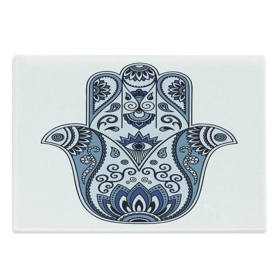 Hamsa Cutting Board, Civilizations Culture Protective Power Luck Evil Eye, Decorative Tempered Glass Cutting and Serving Board, Large Size, Pale Blue Pale Blue, by Ambesonne