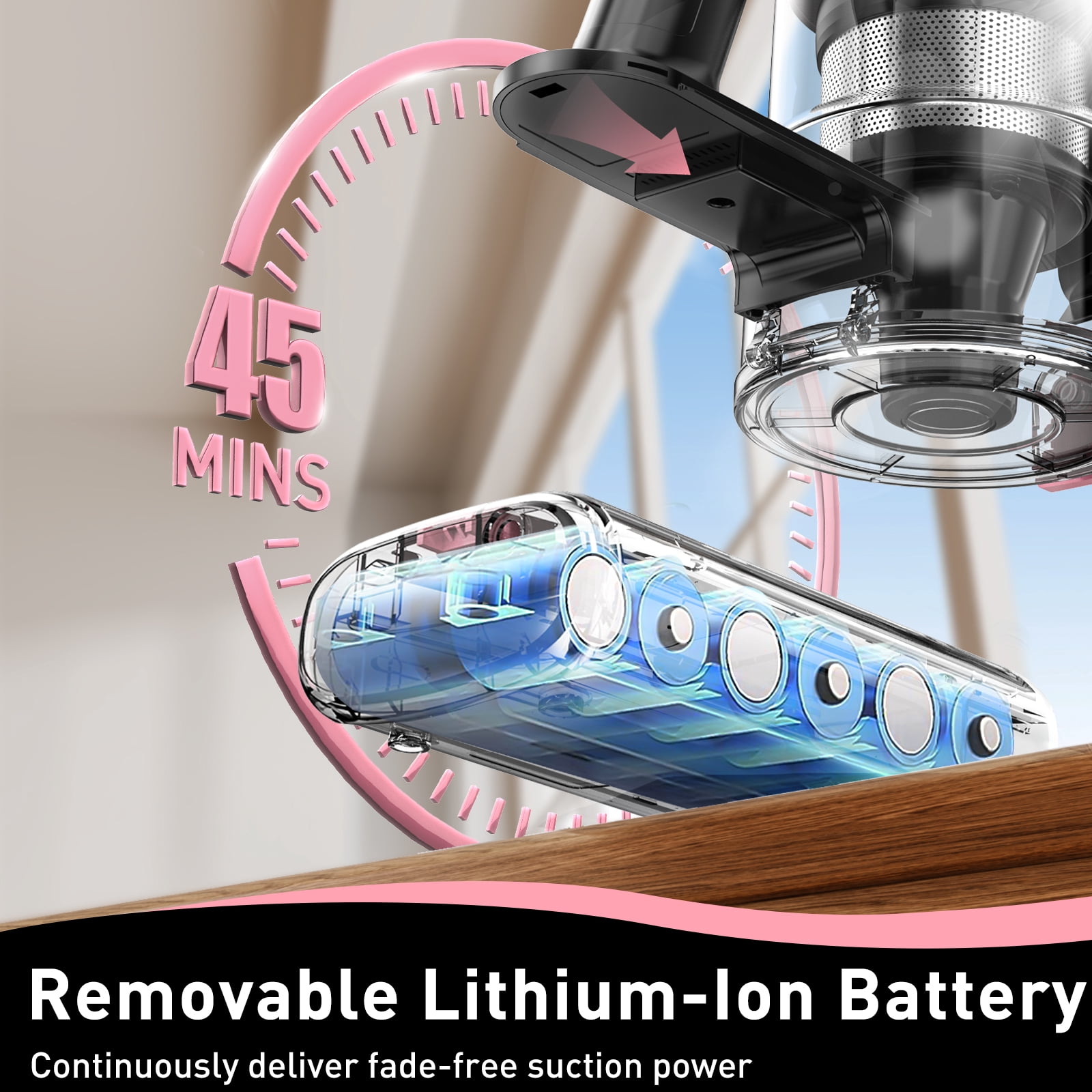 A27 Cordless Vacuum Cleaner, Stick Vacuum with Powerful Suction, Hose, Green LED Light, Anti-Tangle Brush, Lightweight Rechargeable Vacuum Cleaner for Home, Hardwood Floors, Carpets,Pink