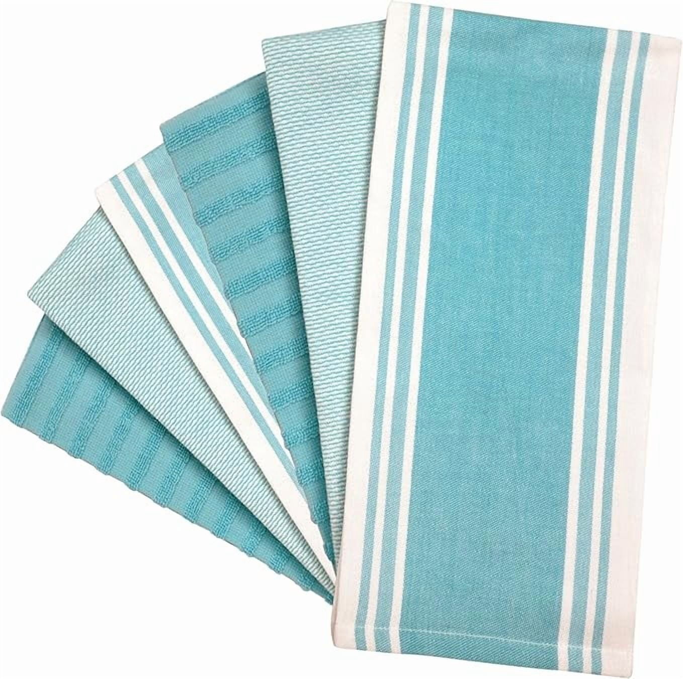 Premium Kitchen Towels (20”x 28”, 6 Pack) – Large Cotton Kitchen Hand Towels – Vintage Striped Flat & Terry Towel – Highly Absorbent Tea Towels Set with Hanging Loop – Aqua