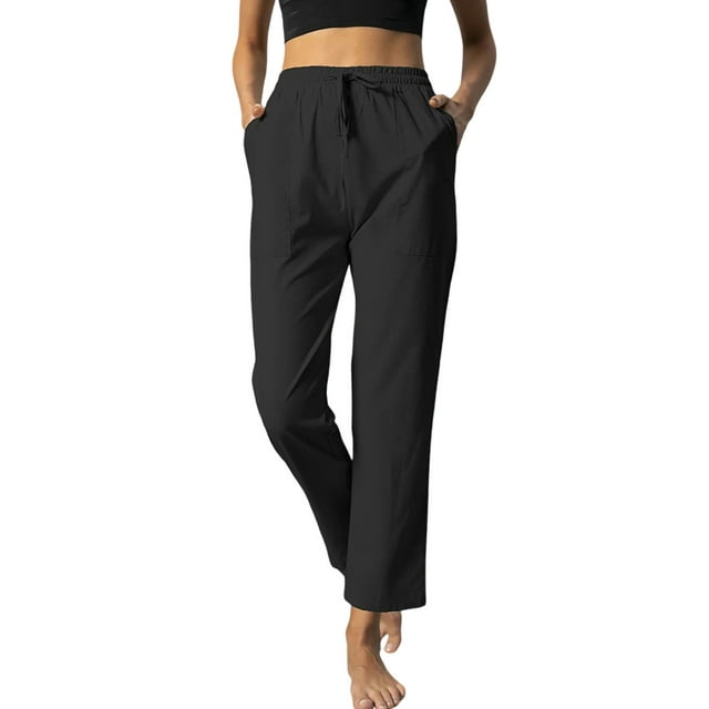 Fashnice Ladies Pants Drawstring Bottoms High Waist Palazzo Pant Solid Color Summer Trousers Black S
