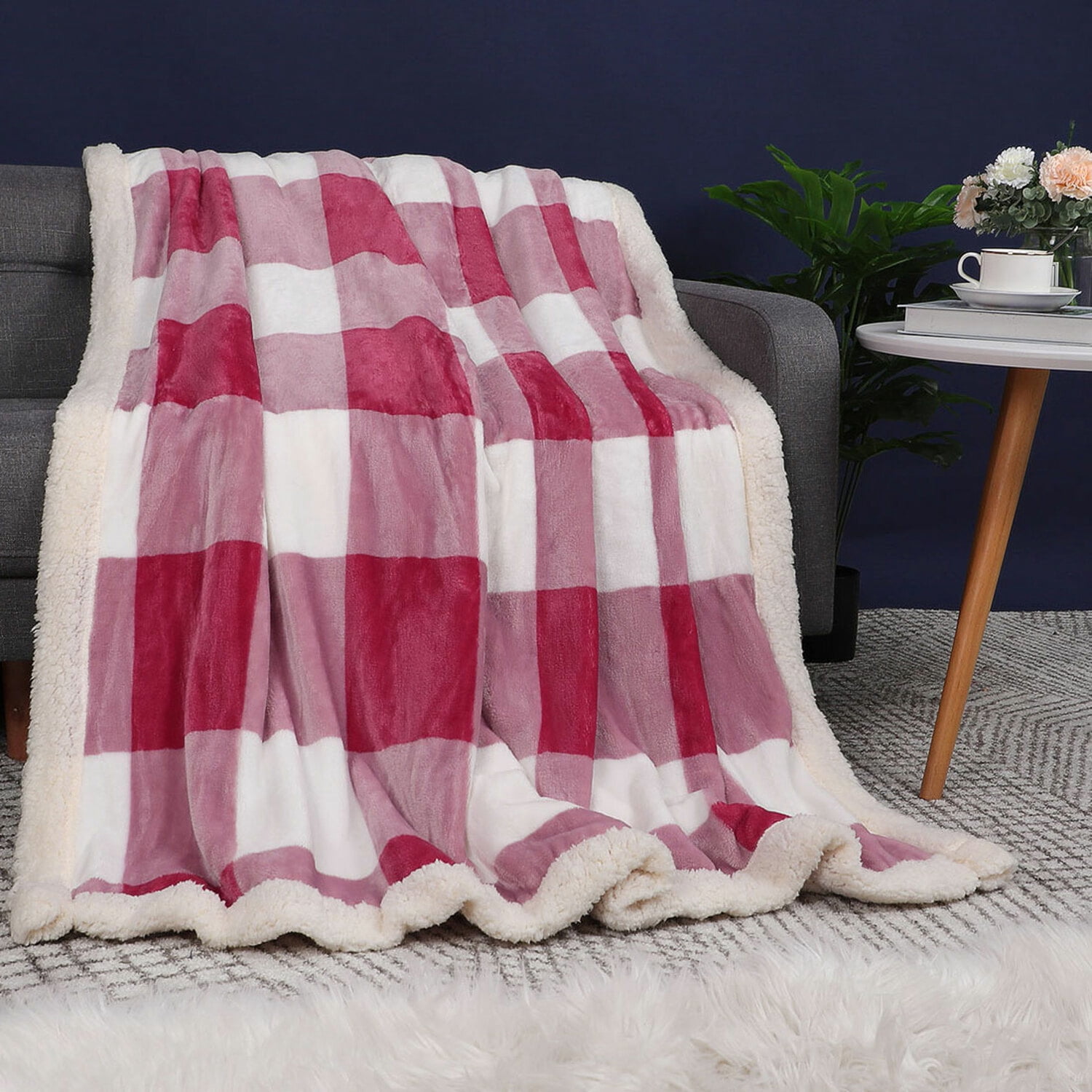 PiccoCasa Fleece Throw Blanket Plaid Flannel Blankets for Couch, Red and White, 60'x80'
