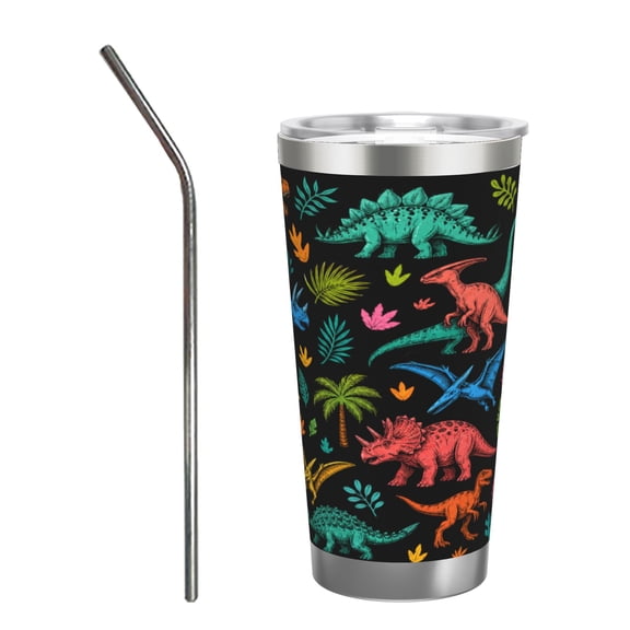 20oz Colorful Dinosaur Tumbler with Handle Stainless Steel Insulated Travel Coffee Cup Dino Gift with Stainless Steel Straw