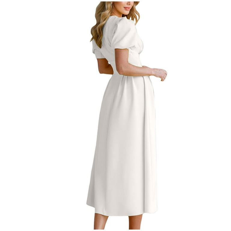 Efsteb Women's Puff Sleeve Dresses Summer Short Sleeve V Neck Vintage Pleated Elegant Dress High Waisted Wedding Guests Midi Dresses WhiteXL