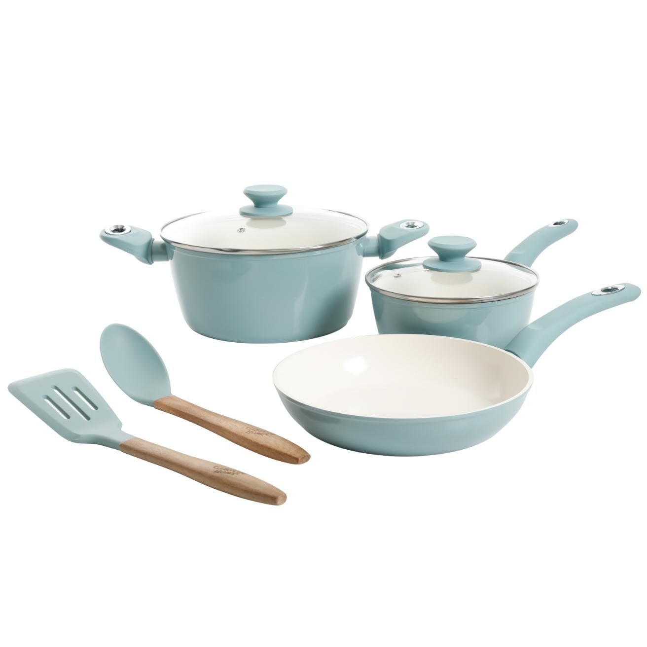 Gibson Plaza Café 7 Piece Aluminum Cookware Set, Sky with Soft Touch Bakelite Handle