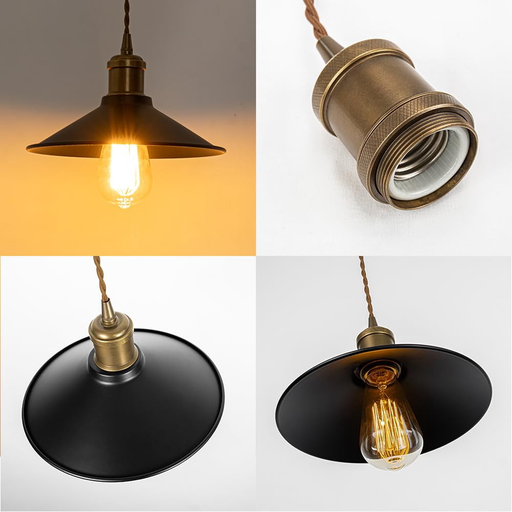 KAYYELAMP Set of Two Black Metal Lampshade Hanging Lamp E26 Copper Base Adjustable Height Droplight Vintage Design Pendant Light Fixture for Kitchen Island Home
