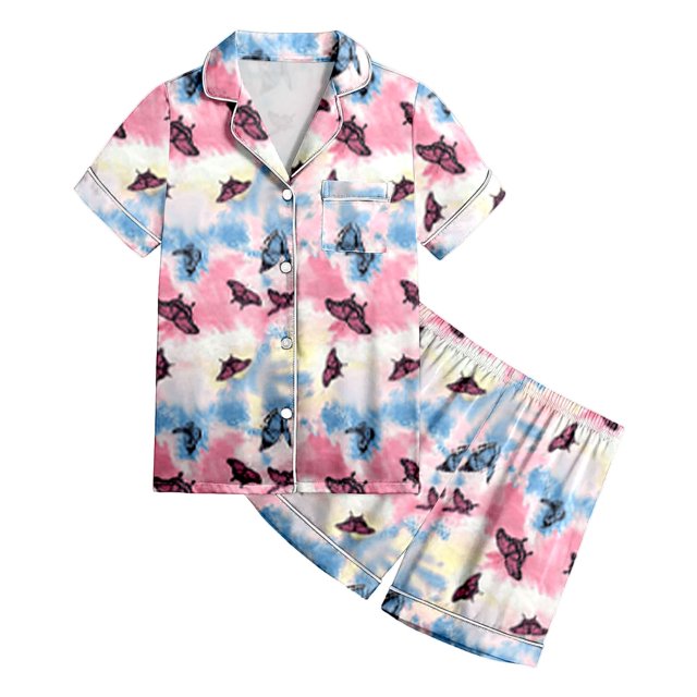 XDZJLR Tenues d'Été pour Filles, Ensembles de Pyjamas 2 Pcs Imprimé Graphique pour Enfants Chemise à Manches Courtes Boutonnée Shorts Ensemble de Pyjama Doux pour la Peau Mode Urbaine, 8-9 Ans